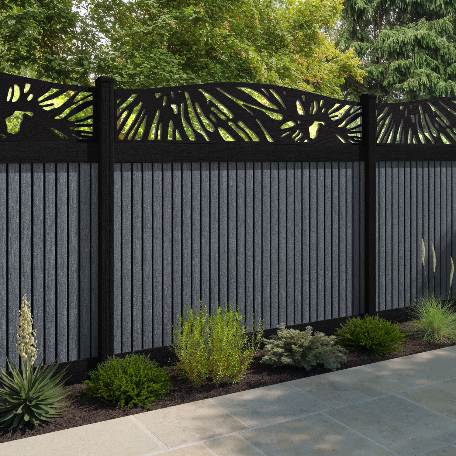 Virtis Poppy Curved Top Fence Panel - Anthracite - with our composite posts
