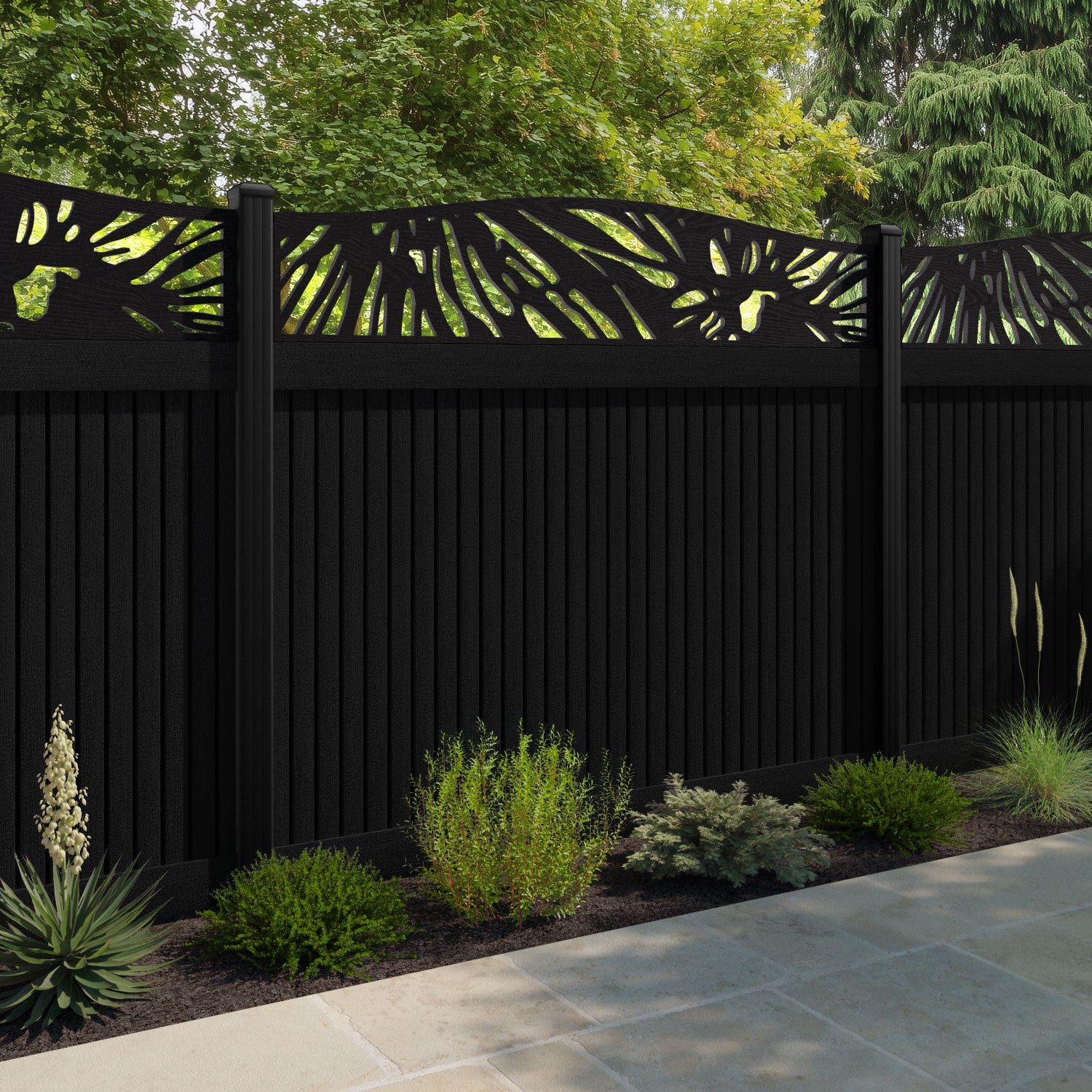 Virtis Poppy Curved Top Fence Panel - Black - with our aluminium posts