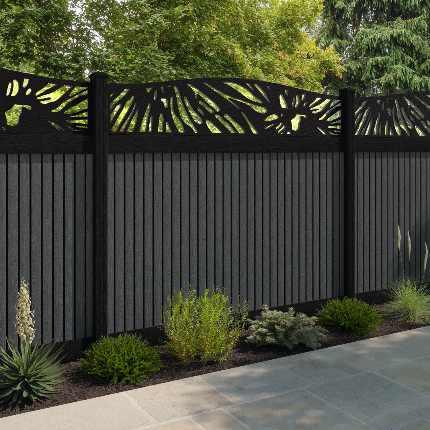 Virtis Poppy Curved Top Fence Panel - Dark Grey - with our aluminium posts