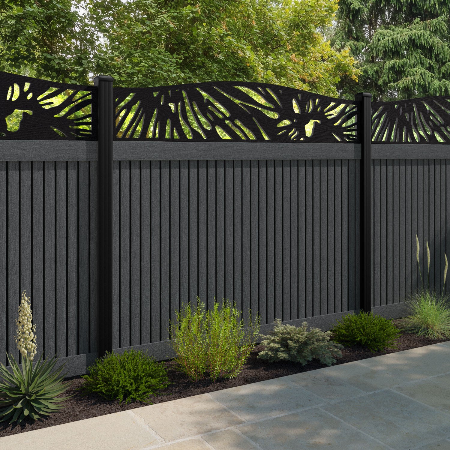 Virtis Poppy Curved Top Fence Panel - Dark Grey - with our aluminium posts