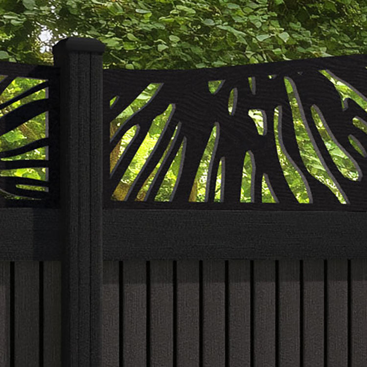 Virtis Poppy Curved Top Fence Panel - Dark Oak - with our aluminium posts