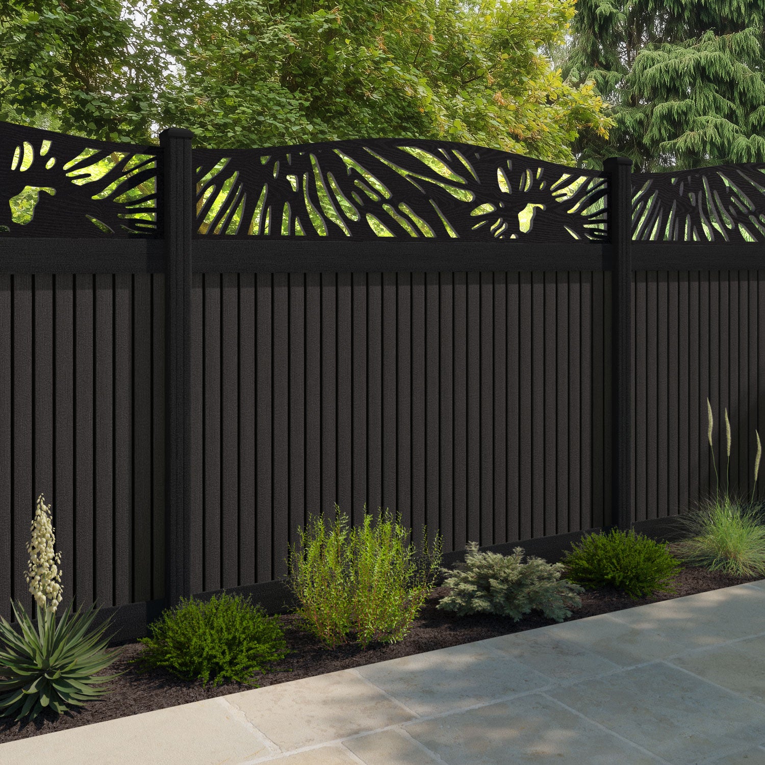Virtis Poppy Curved Top Fence Panel - Dark Oak - with our composite posts