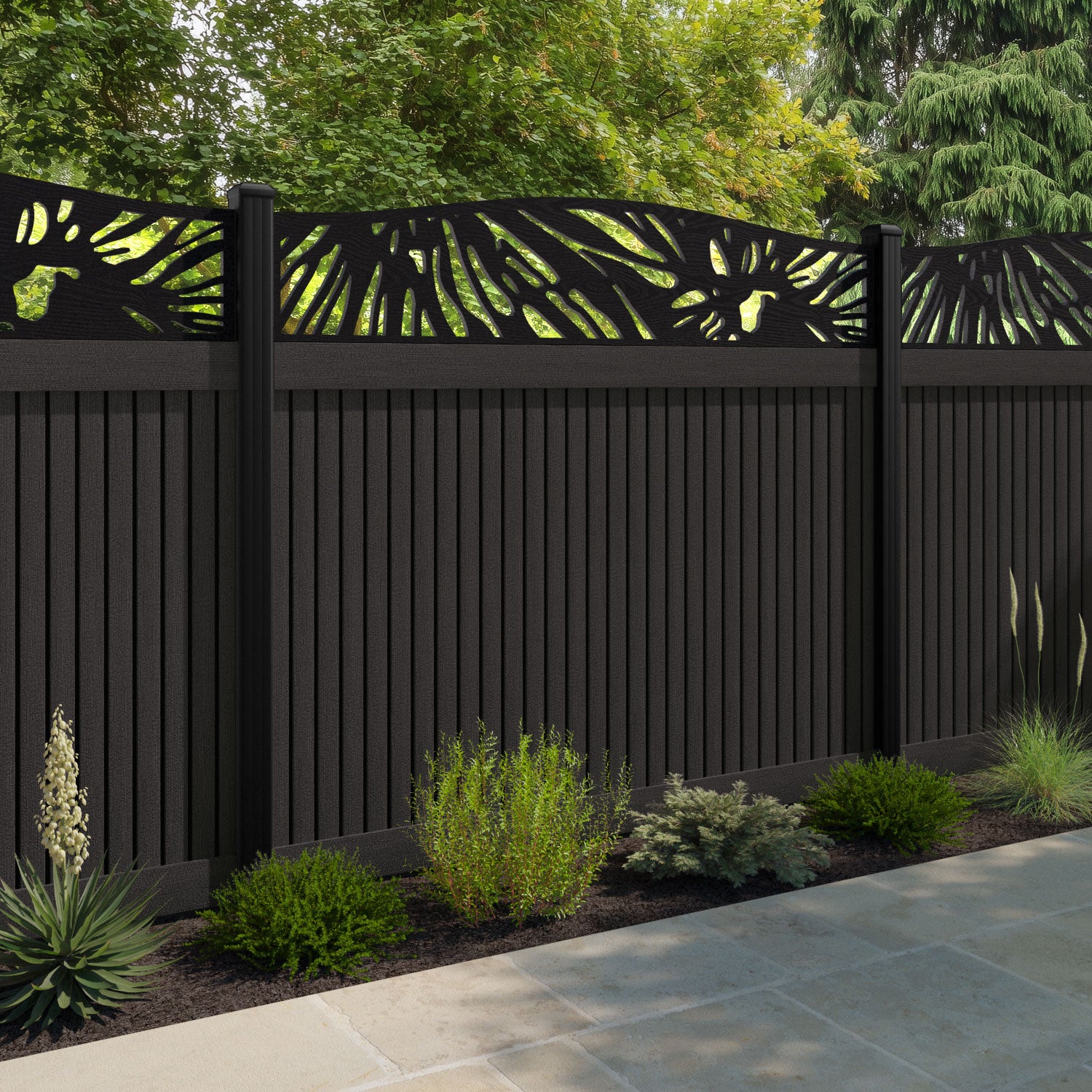 Virtis Poppy Curved Top Fence Panel - Dark Oak - with our composite posts