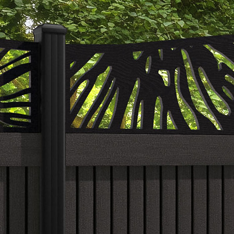 Virtis Poppy Curved Top Fence Panel - Dark Oak - with our aluminium posts