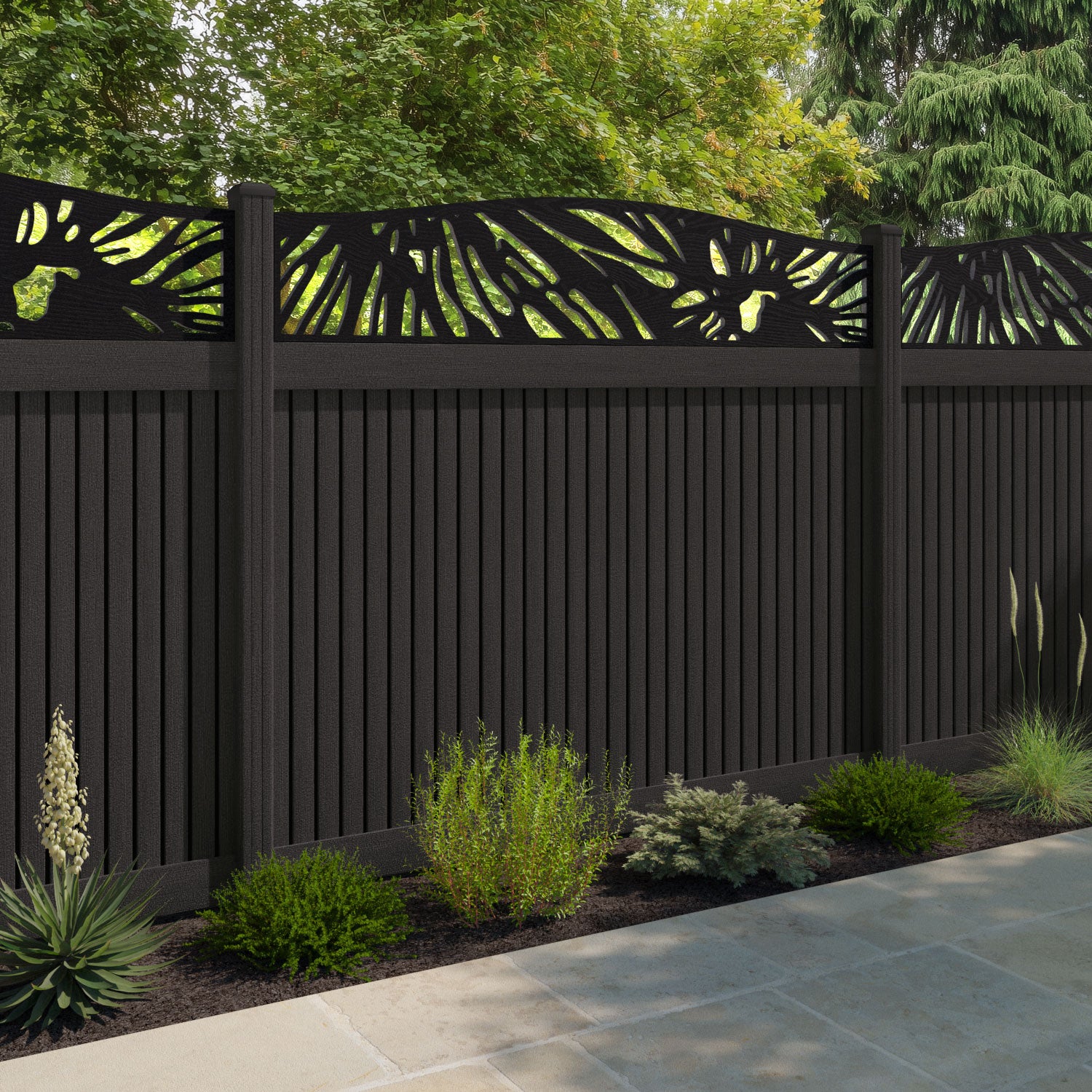 Virtis Poppy Curved Top Fence Panel - Dark Oak - with our composite posts