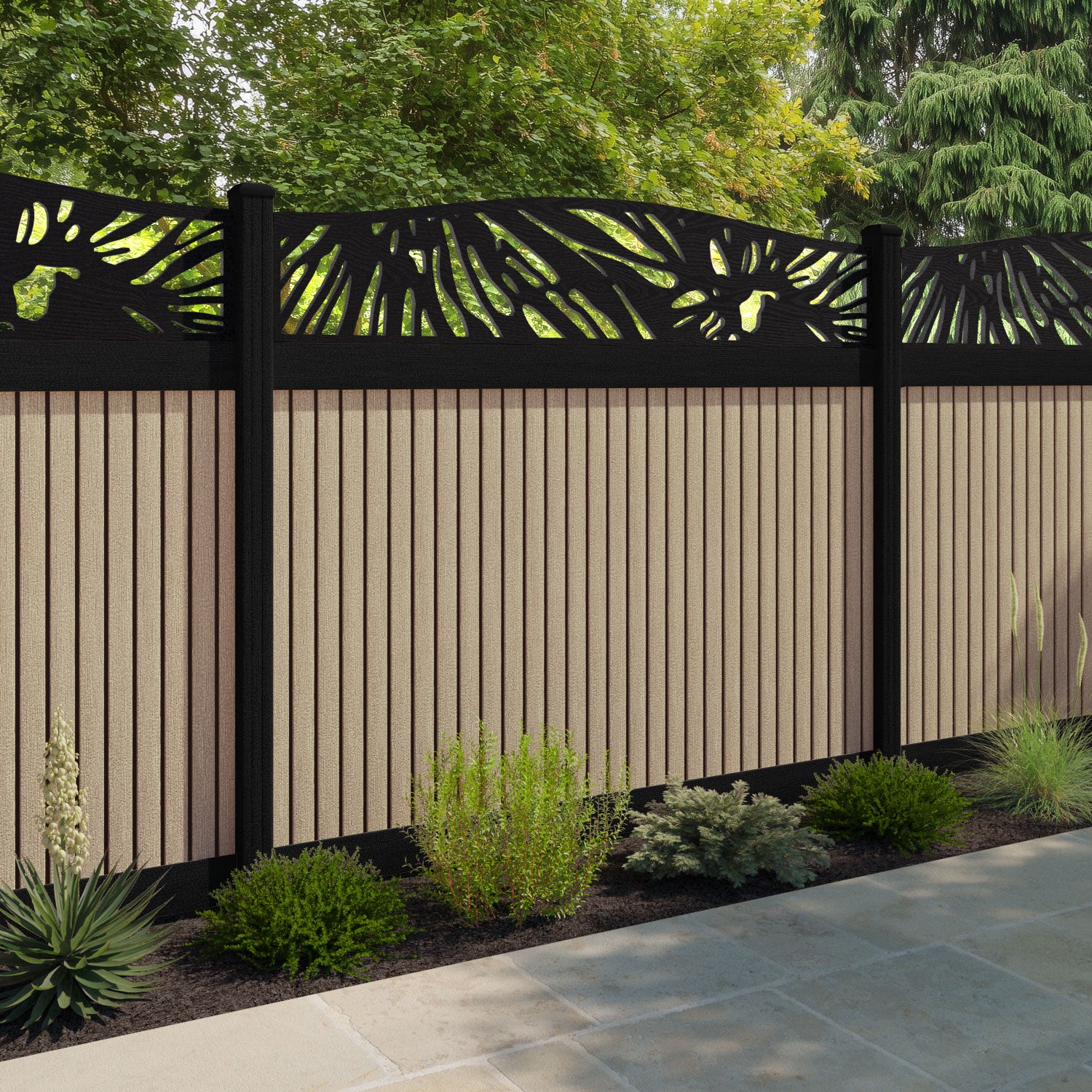 Virtis Poppy Curved Top Fence Panel - Light Oak - with our aluminium posts