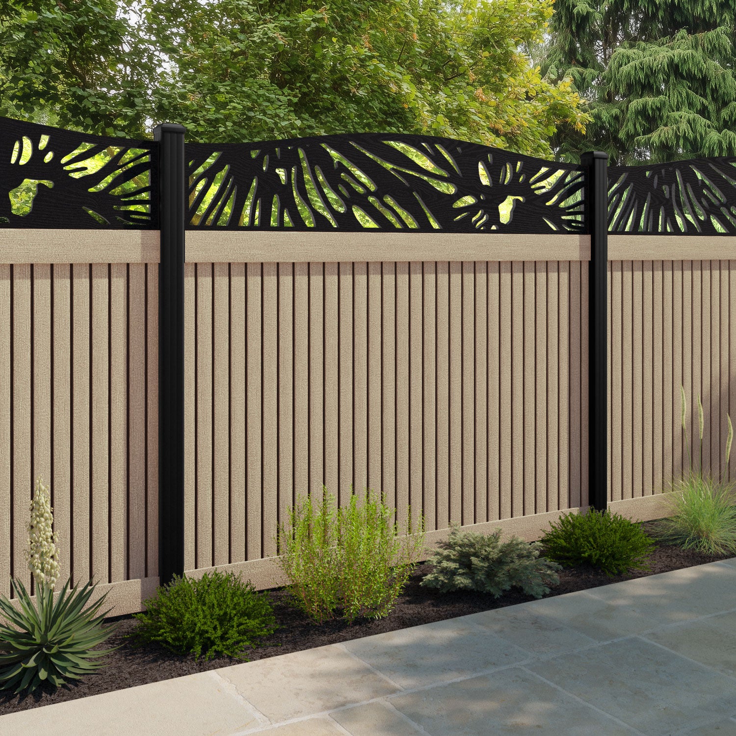 Virtis Poppy Curved Top Fence Panel - Light Oak - with our aluminium posts