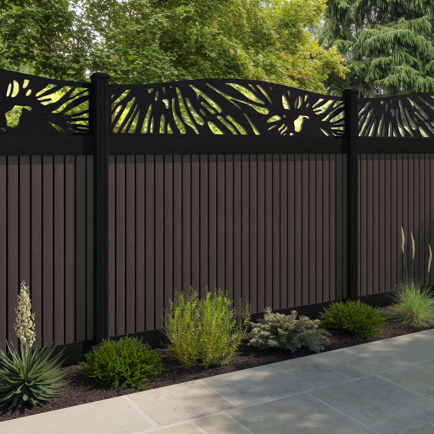 Virtis Poppy Curved Top Fence Panel - Mid Brown - with our aluminium posts
