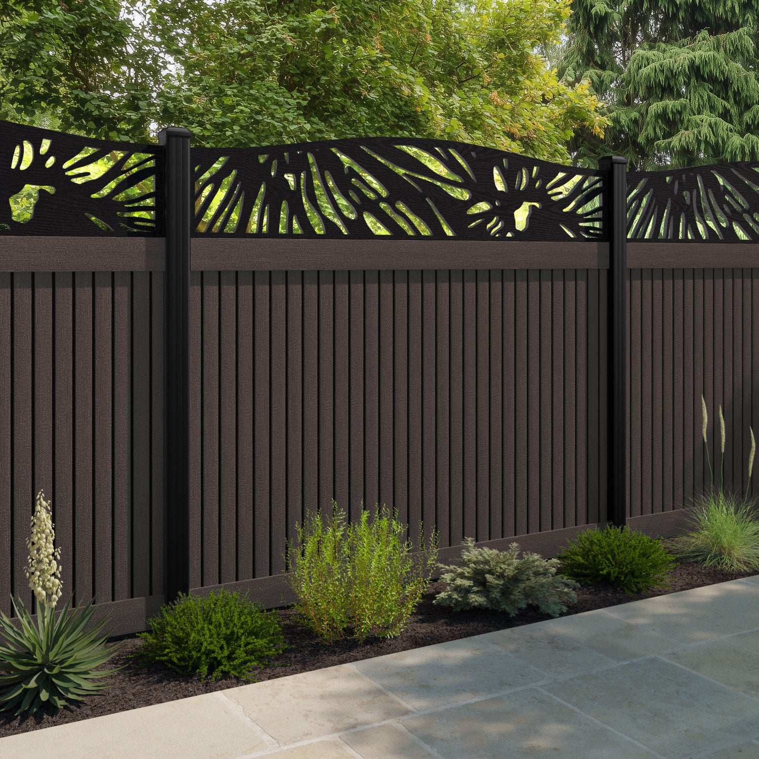 Virtis Poppy Curved Top Fence Panel - Mid Brown - with our aluminium posts
