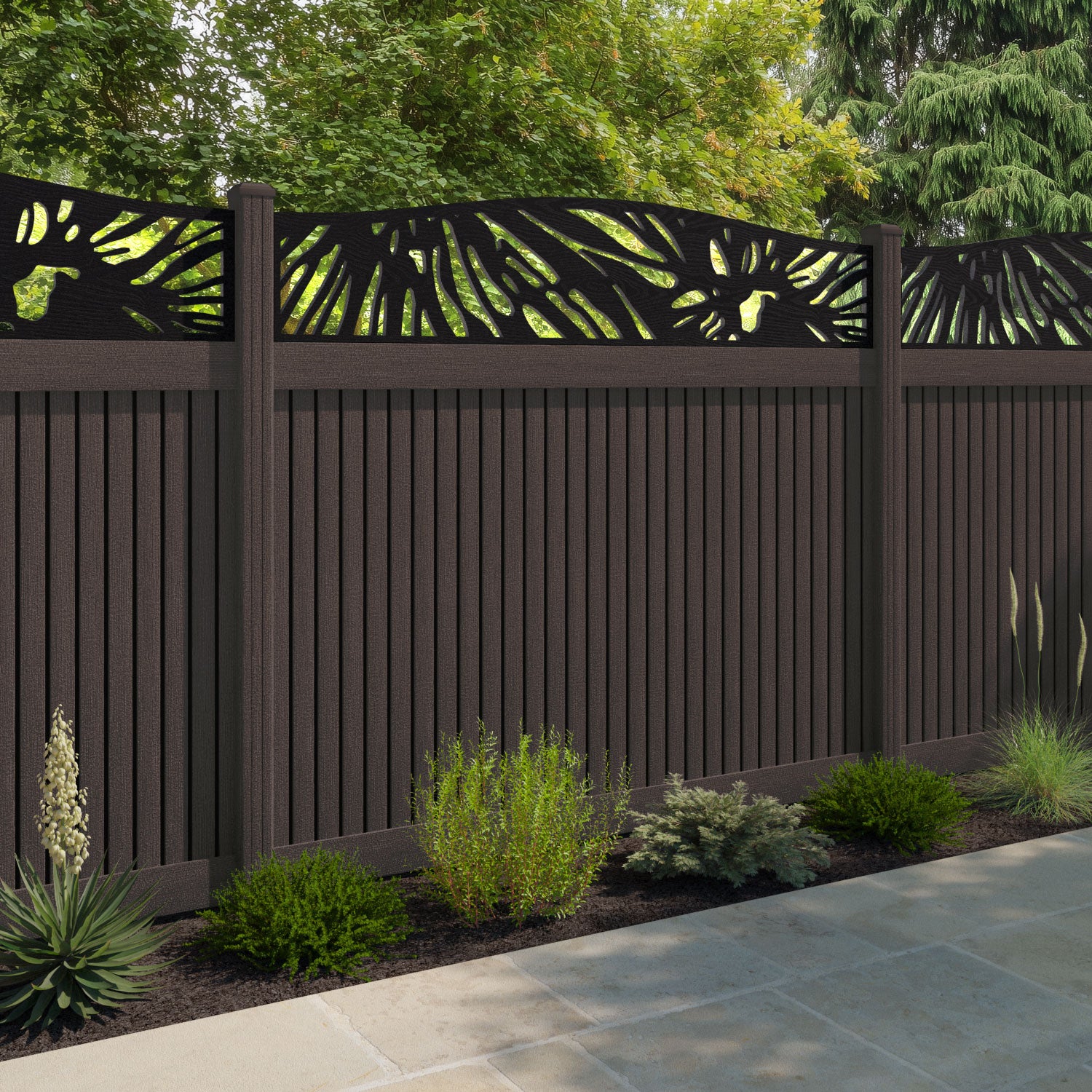 Virtis Poppy Curved Top Fence Panel - Mid Brown - with our composite posts