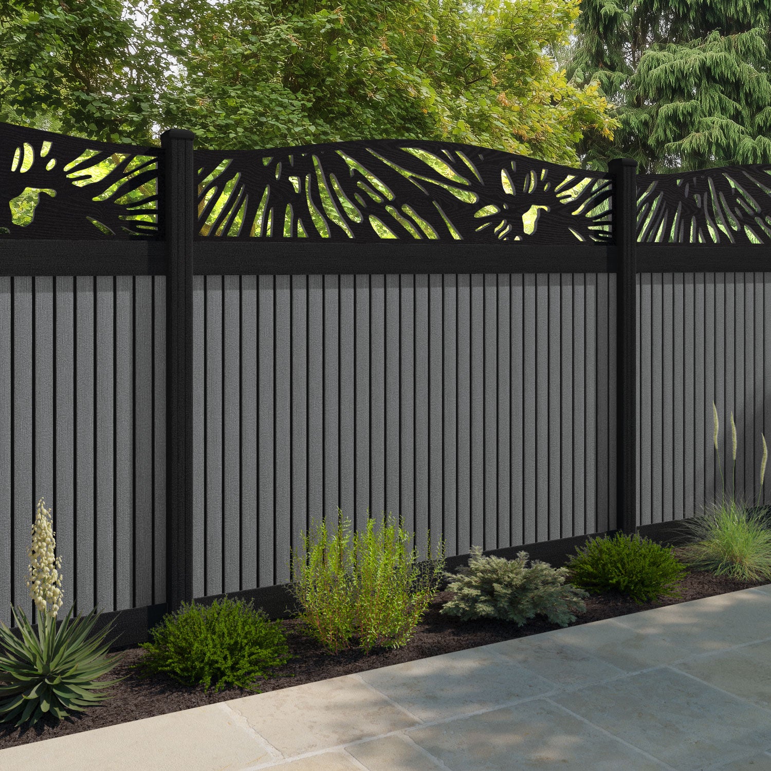 Virtis Poppy Curved Top Fence Panel - Mid Grey - with our aluminium posts