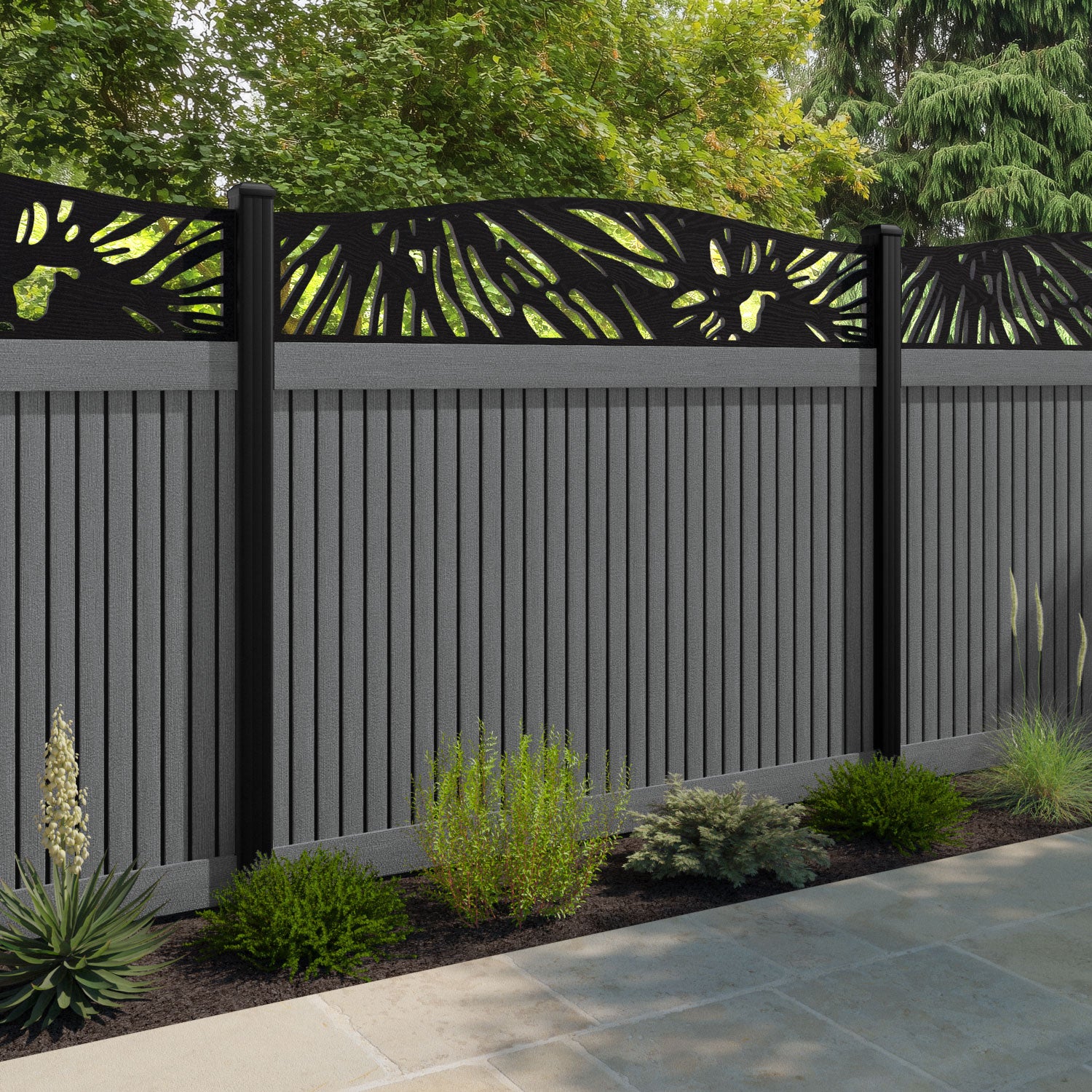 Virtis Poppy Curved Top Fence Panel - Mid Grey - with our aluminium posts