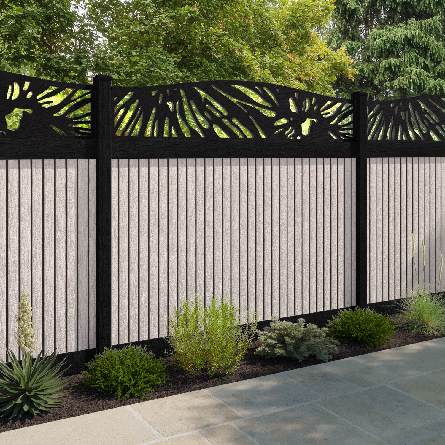 Virtis Poppy Curved Top Fence Panel - Mid Stone - with our aluminium posts