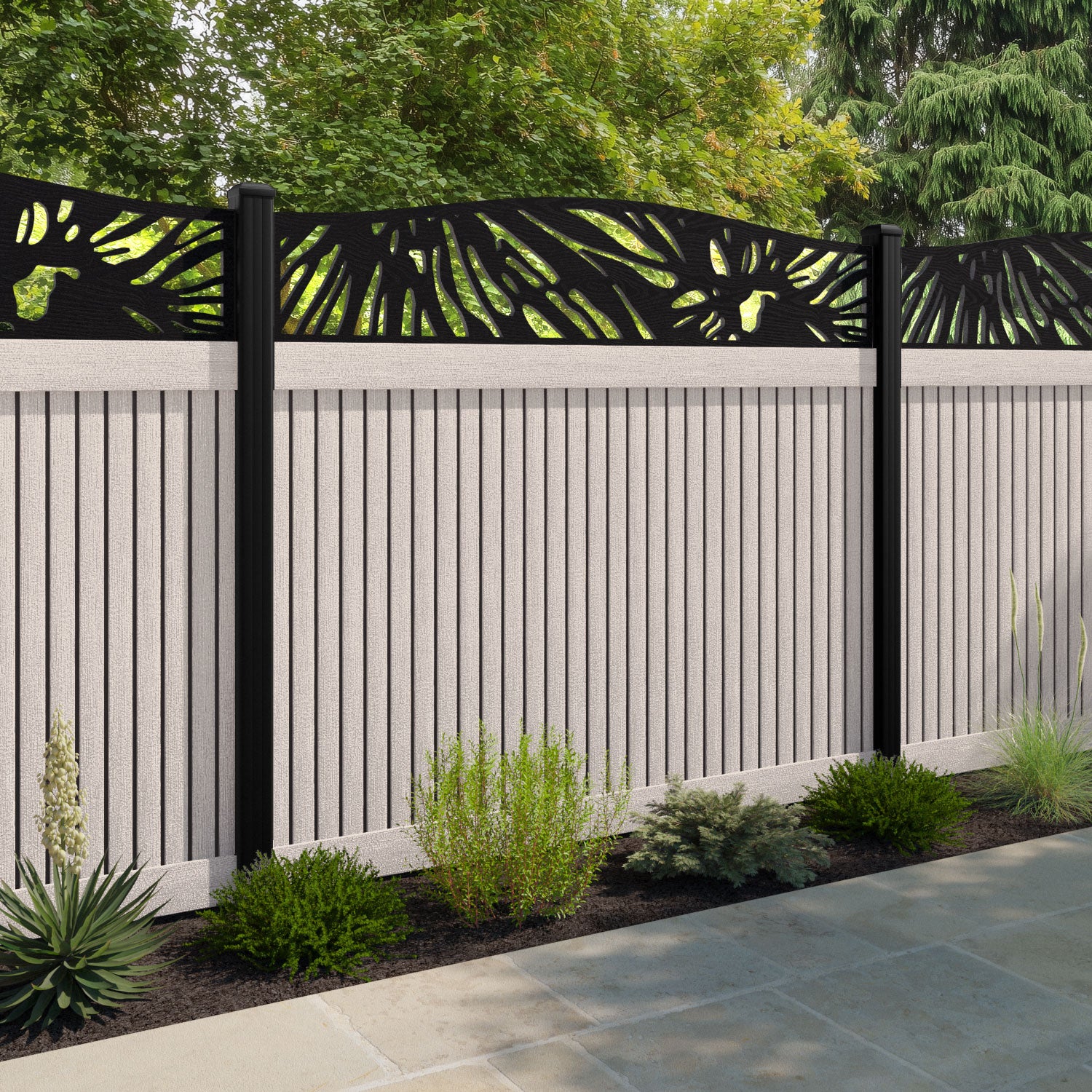 Virtis Poppy Curved Top Fence Panel - Mid Stone - with our aluminium posts