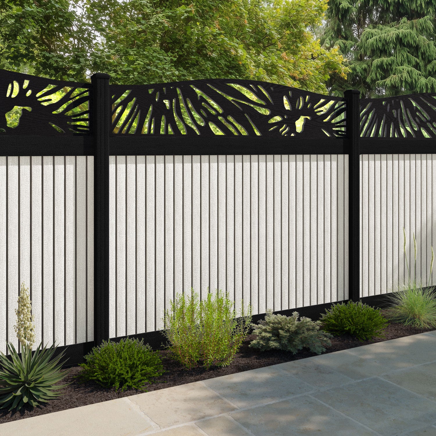Virtis Poppy Curved Top Fence Panel - Light Stone - with our aluminium posts