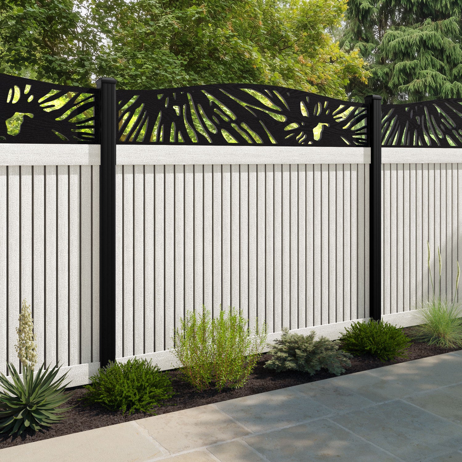 Virtis Poppy Curved Top Fence Panel - Light Stone - with our aluminium posts