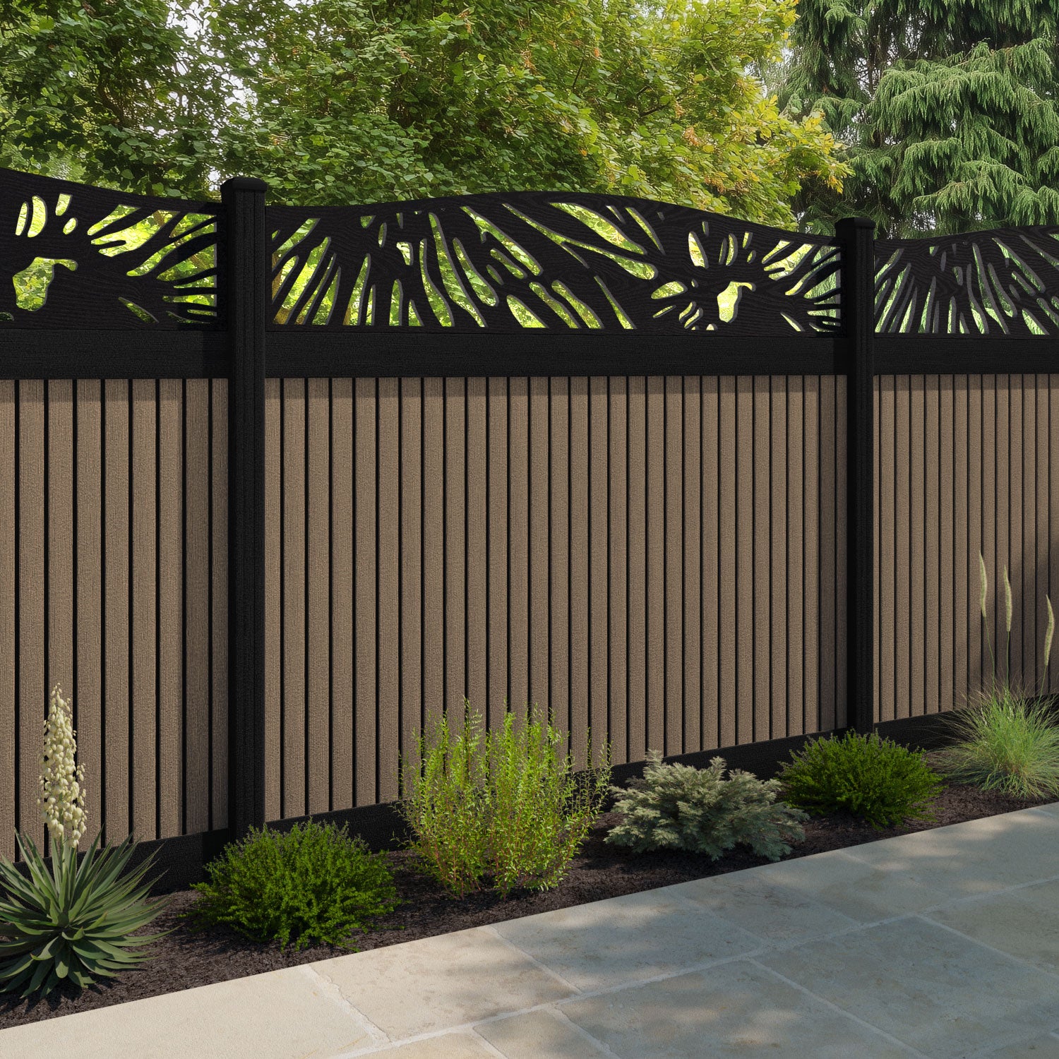 Virtis Poppy Curved Top Fence Panel - Teak - with our composite posts