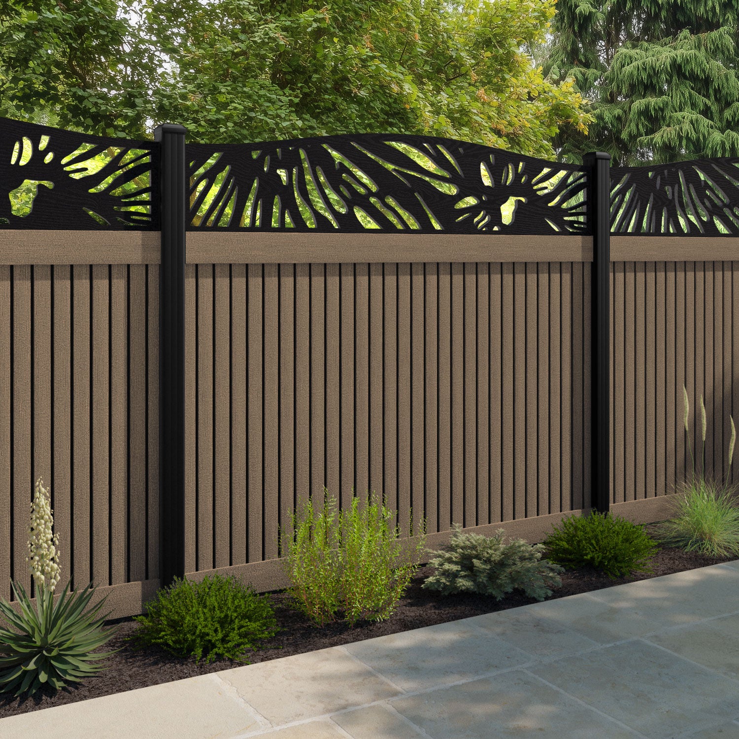 Virtis Poppy Curved Top Fence Panel - Teak - with our aluminium posts
