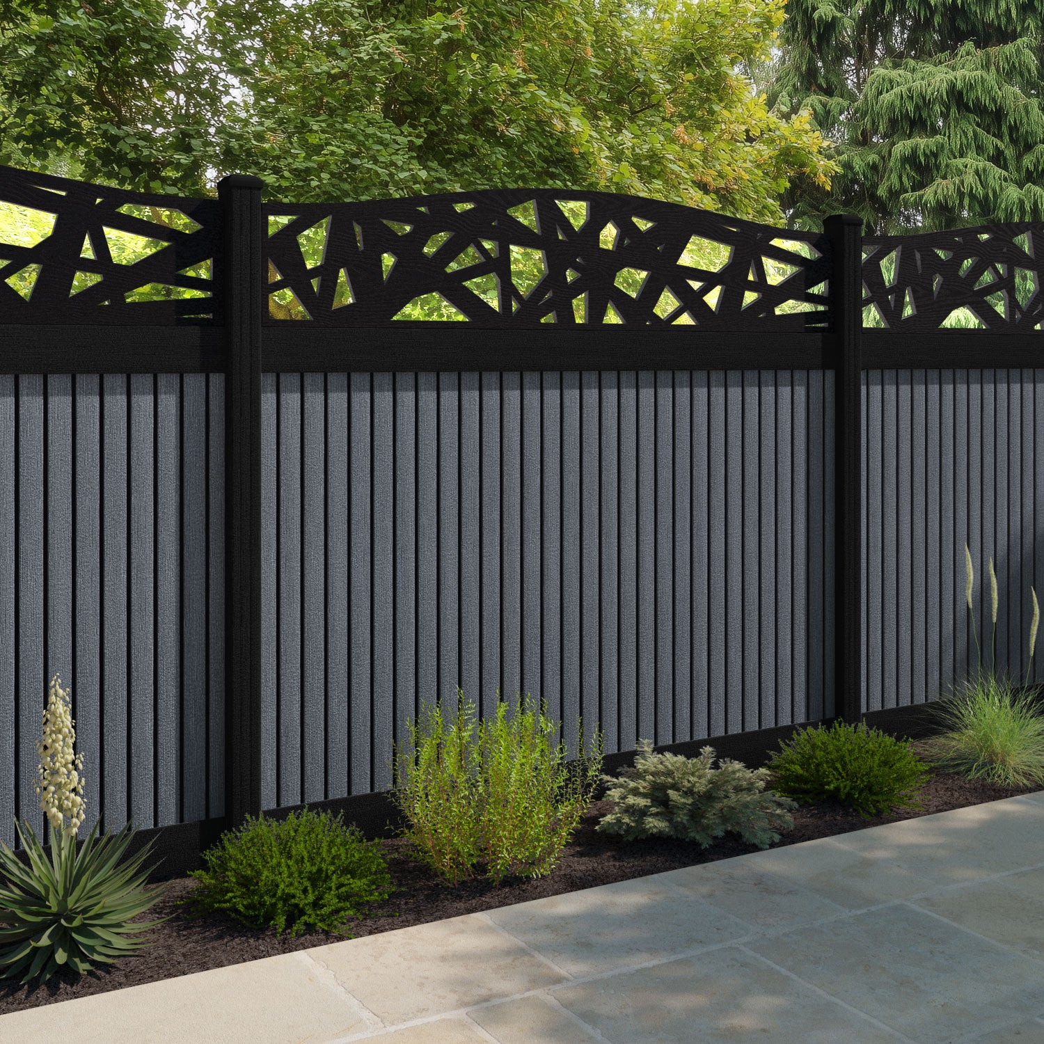 Virtis Prism Curved Top Fence Panel - Anthracite - with our composite posts