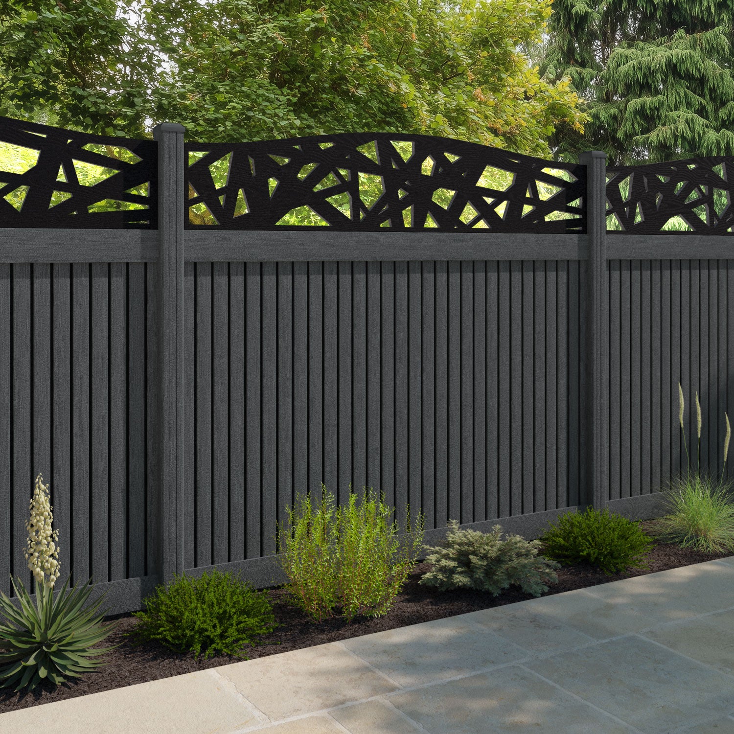 Virtis Prism Curved Top Fence Panel - Dark Grey - with our composite posts