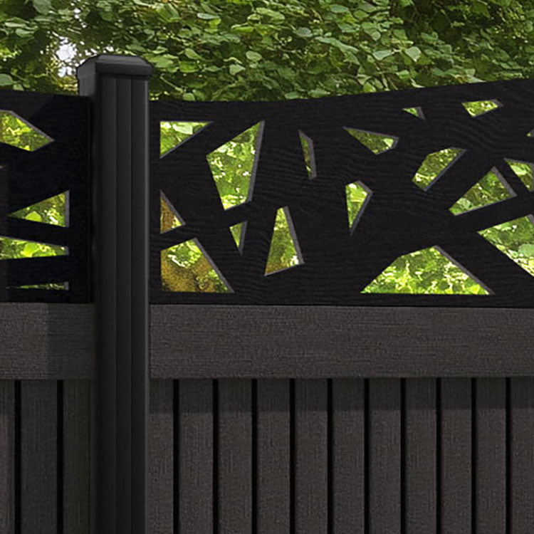 Virtis Prism Curved Top Fence Panel - Dark Oak - with our aluminium posts