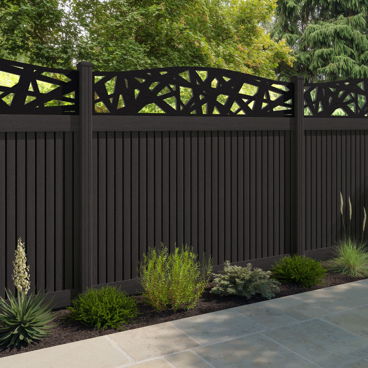 Virtis Prism Curved Top Fence Panel - Dark Oak - with our composite posts