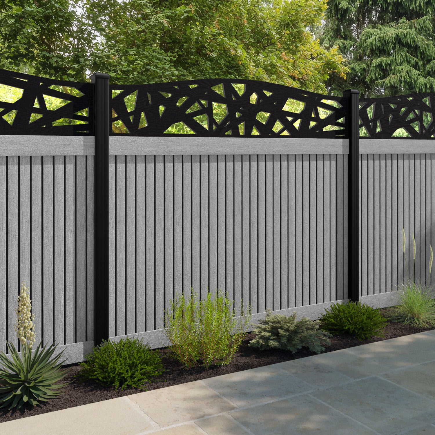 Virtis Prism Curved Top Fence Panel - Light Grey - with our composite posts