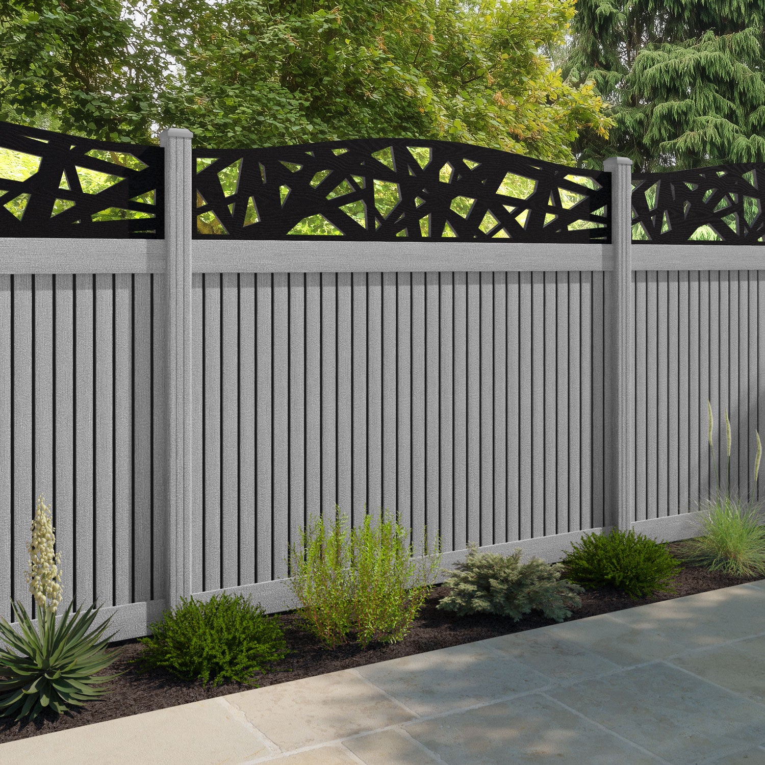 Virtis Prism Curved Top Fence Panel - Light Grey - with our composite posts