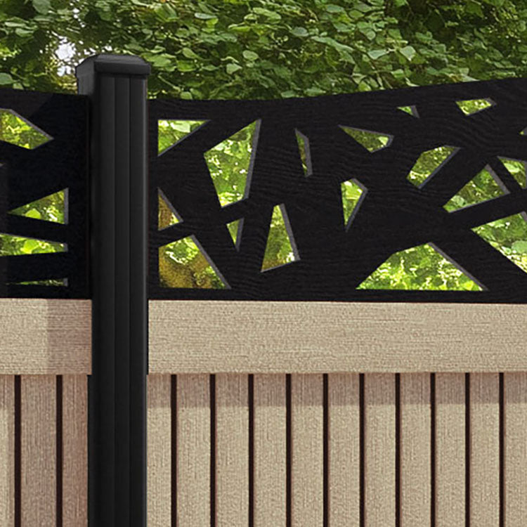 Virtis Prism Curved Top Fence Panel - Light Oak - with our aluminium posts