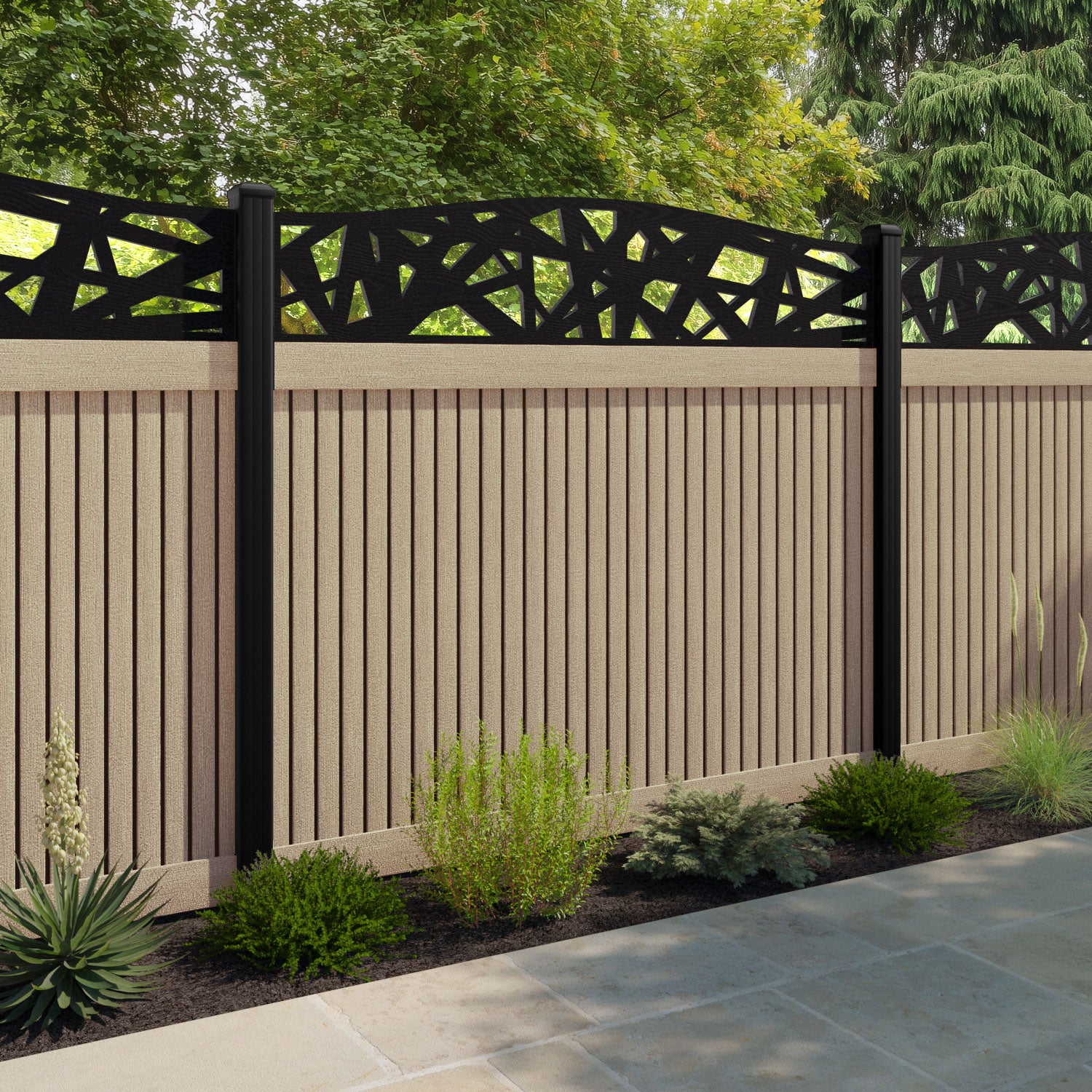 Virtis Prism Curved Top Fence Panel - Light Oak - with our composite posts