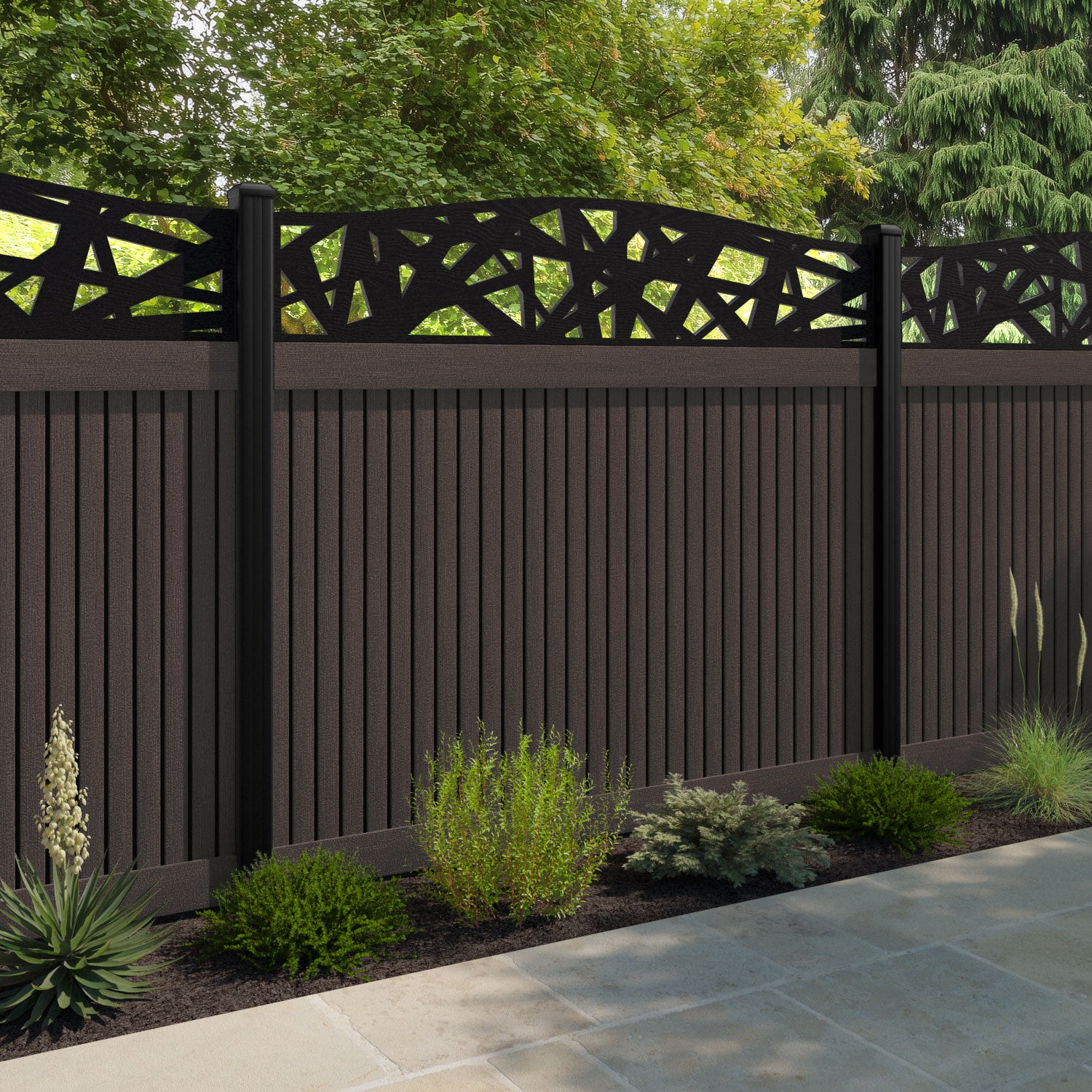 Virtis Prism Curved Top Fence Panel - Mid Brown - with our aluminium posts