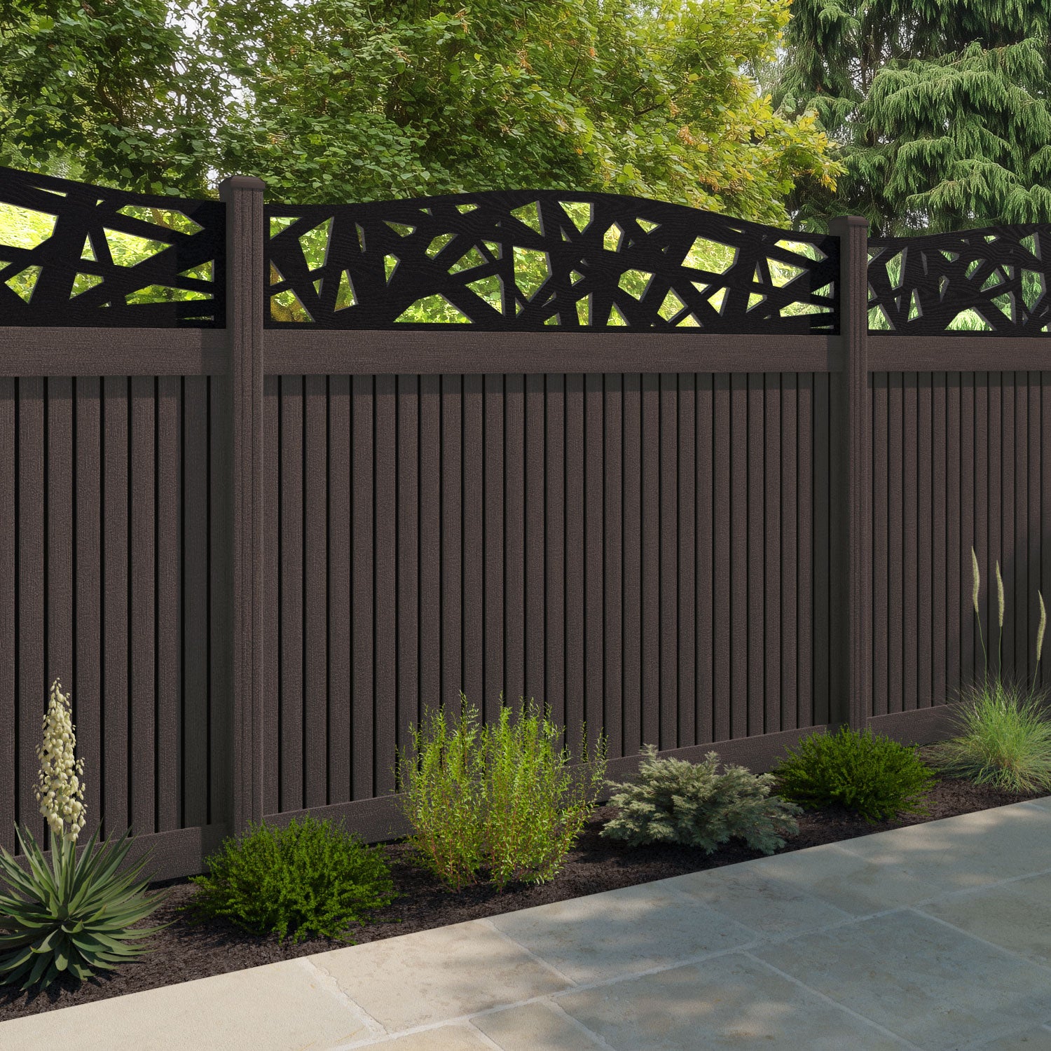 Virtis Prism Curved Top Fence Panel - Mid Brown - with our composite posts