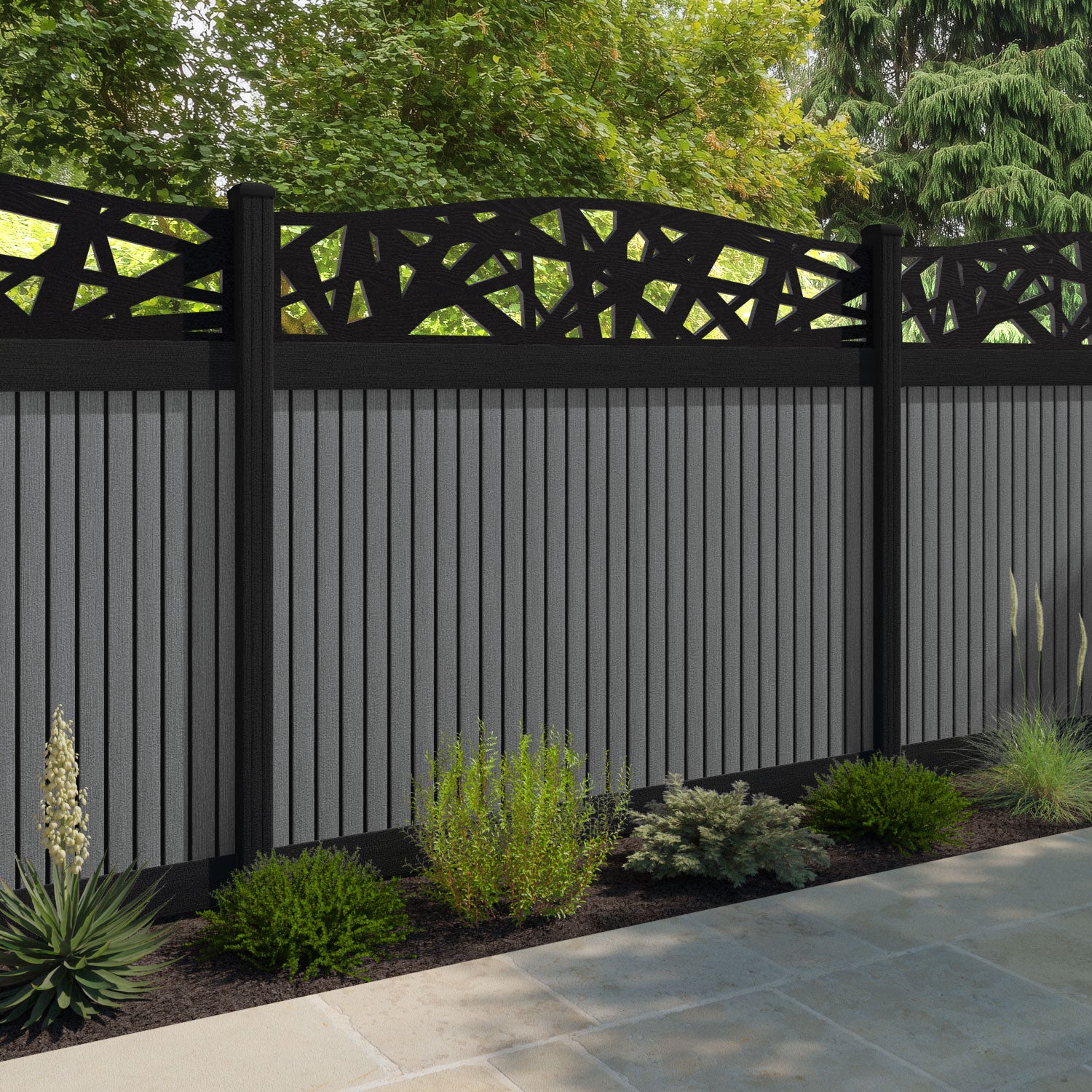 Virtis Prism Curved Top Fence Panel - Mid Grey - with our composite posts