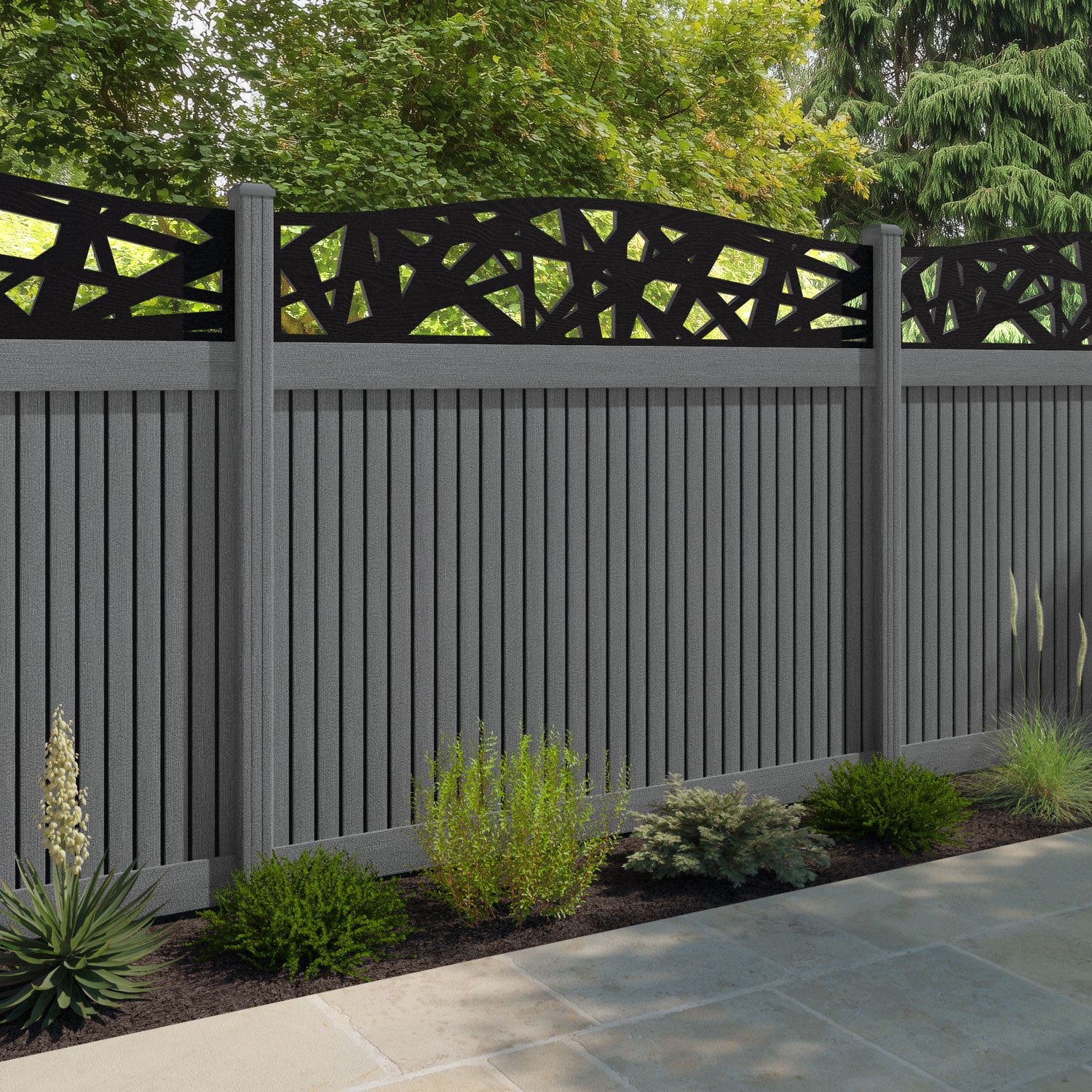Virtis Prism Curved Top Fence Panel - Mid Grey - with our composite posts