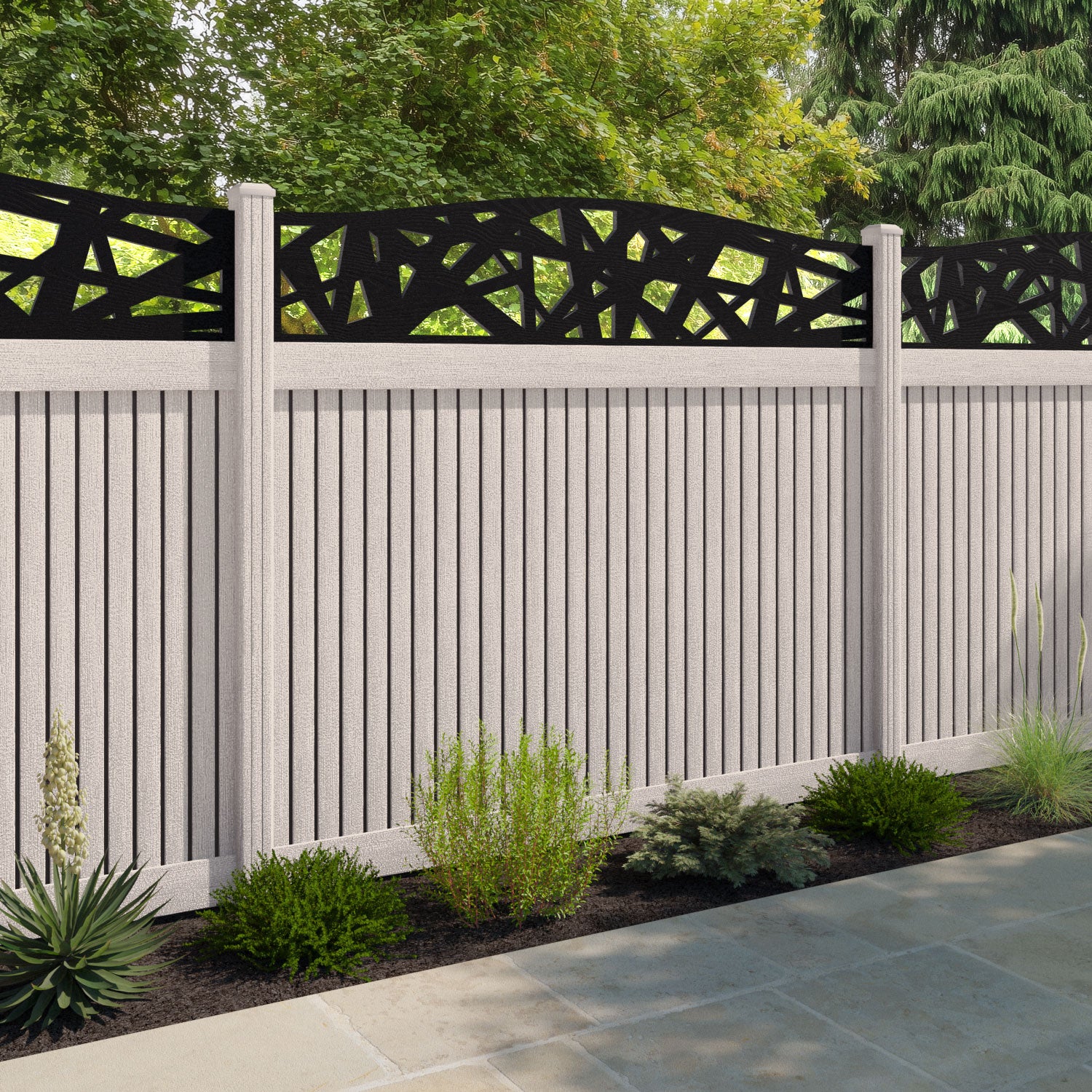 Virtis Prism Curved Top Fence Panel - Mid Stone - with our composite posts