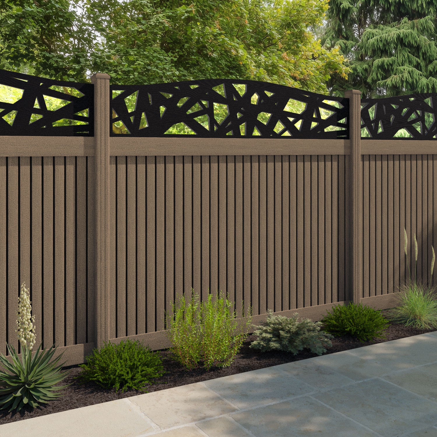 Virtis Prism Curved Top Fence Panel - Teak - with our composite posts