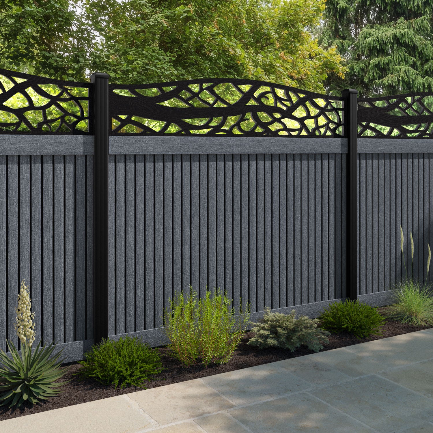 Virtis Twilight Curved Top Fence Panel - Anthracite - with our composite posts