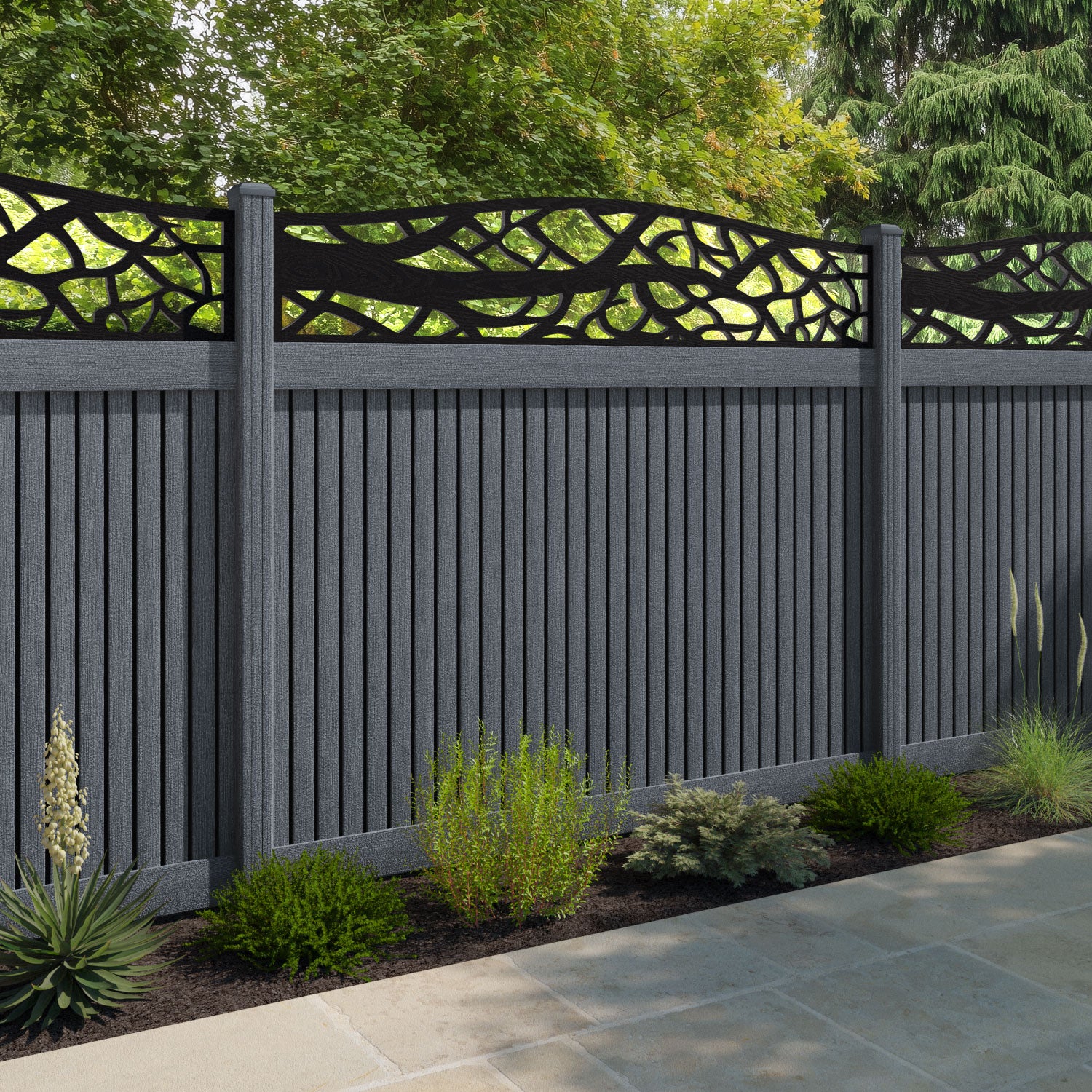 Virtis Twilight Curved Top Fence Panel - Anthracite - with our composite posts