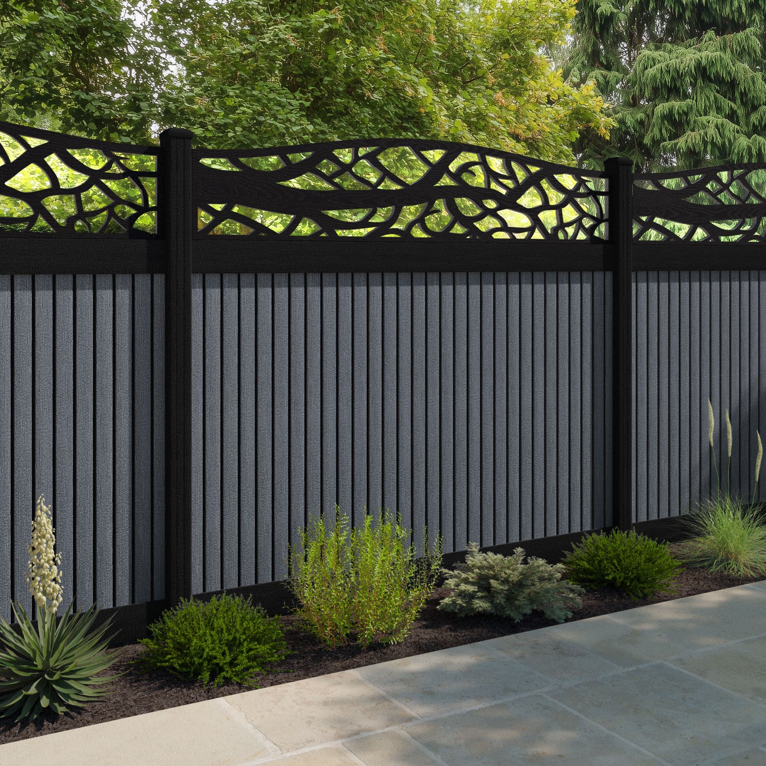Virtis Twilight Curved Top Fence Panel - Anthracite - with our composite posts