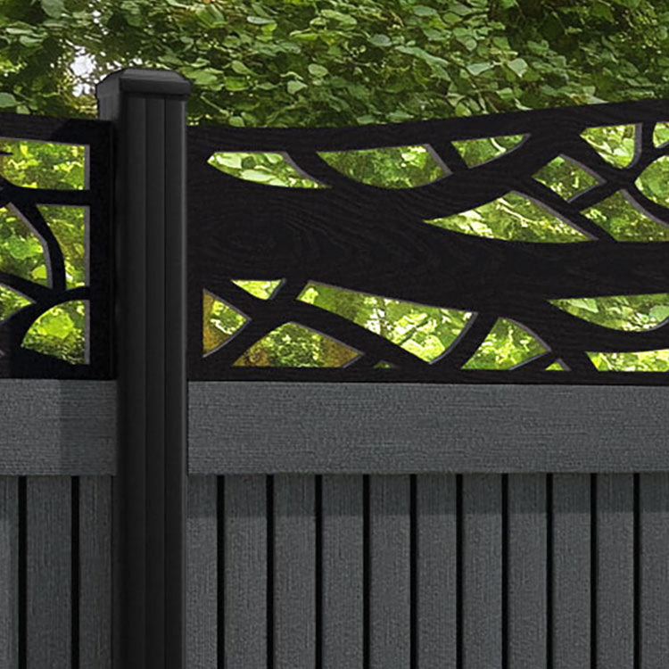 Virtis Twilight Curved Top Fence Panel - Dark Grey - with our aluminium posts