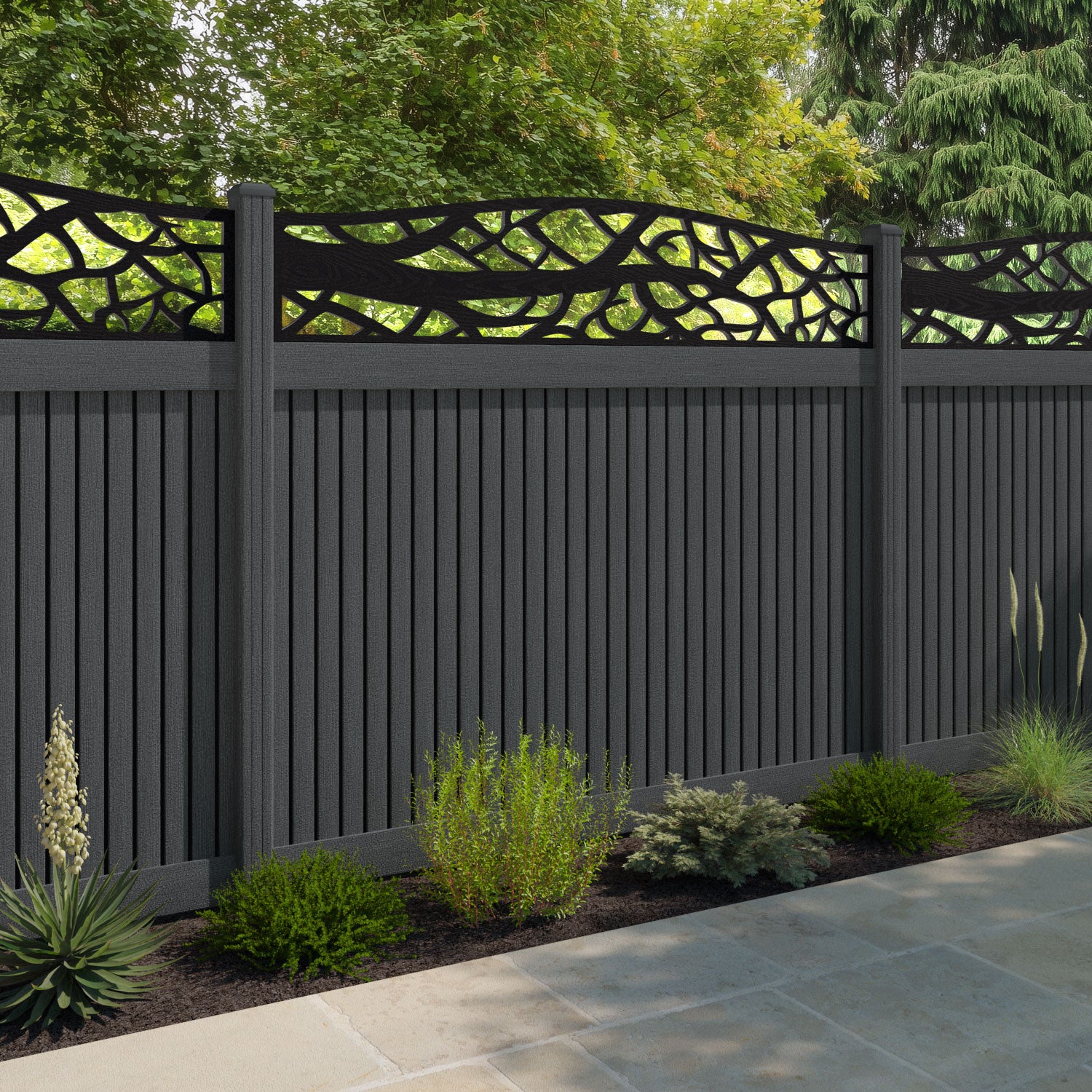 Virtis Twilight Curved Top Fence Panel - Dark Grey - with our composite posts