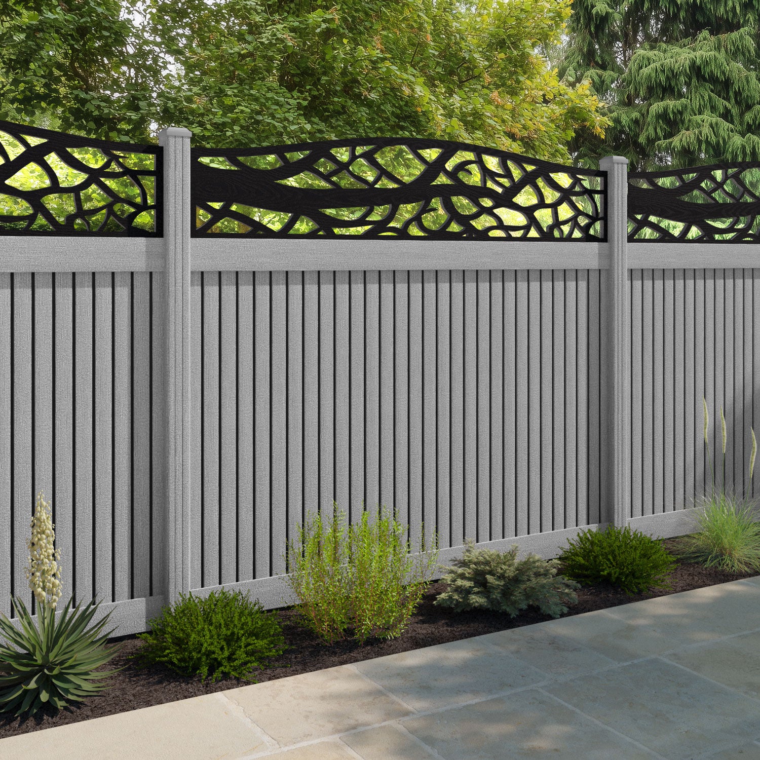 Virtis Twilight Curved Top Fence Panel - Light Grey - with our composite posts