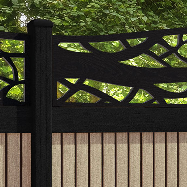 Virtis Twilight Curved Top Fence Panel - Light Oak - with our aluminium posts