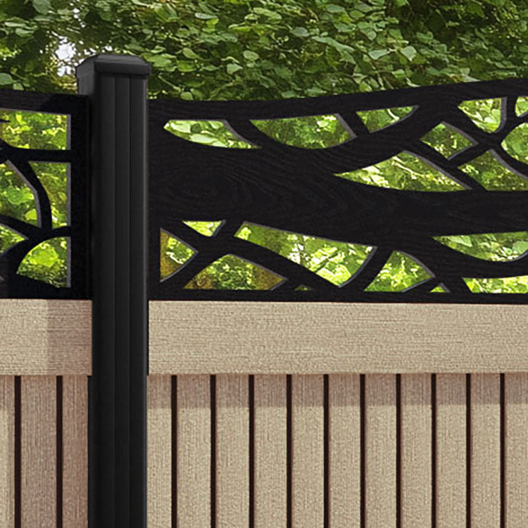 Virtis Twilight Curved Top Fence Panel - Light Oak - with our aluminium posts