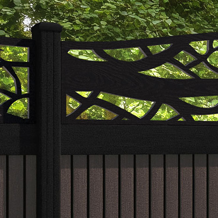 Virtis Twilight Curved Top Fence Panel - Mid Brown - with our aluminium posts