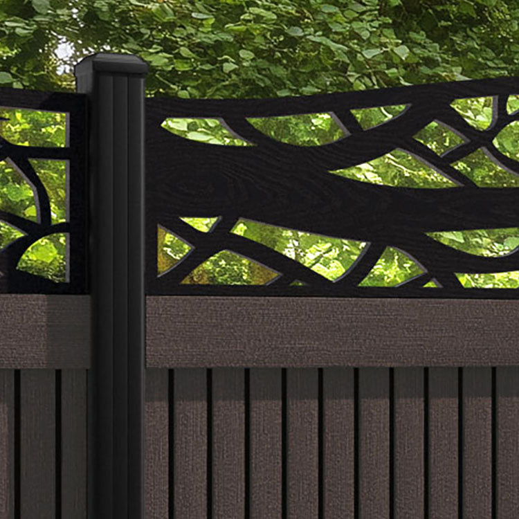 Virtis Twilight Curved Top Fence Panel - Mid Brown - with our aluminium posts