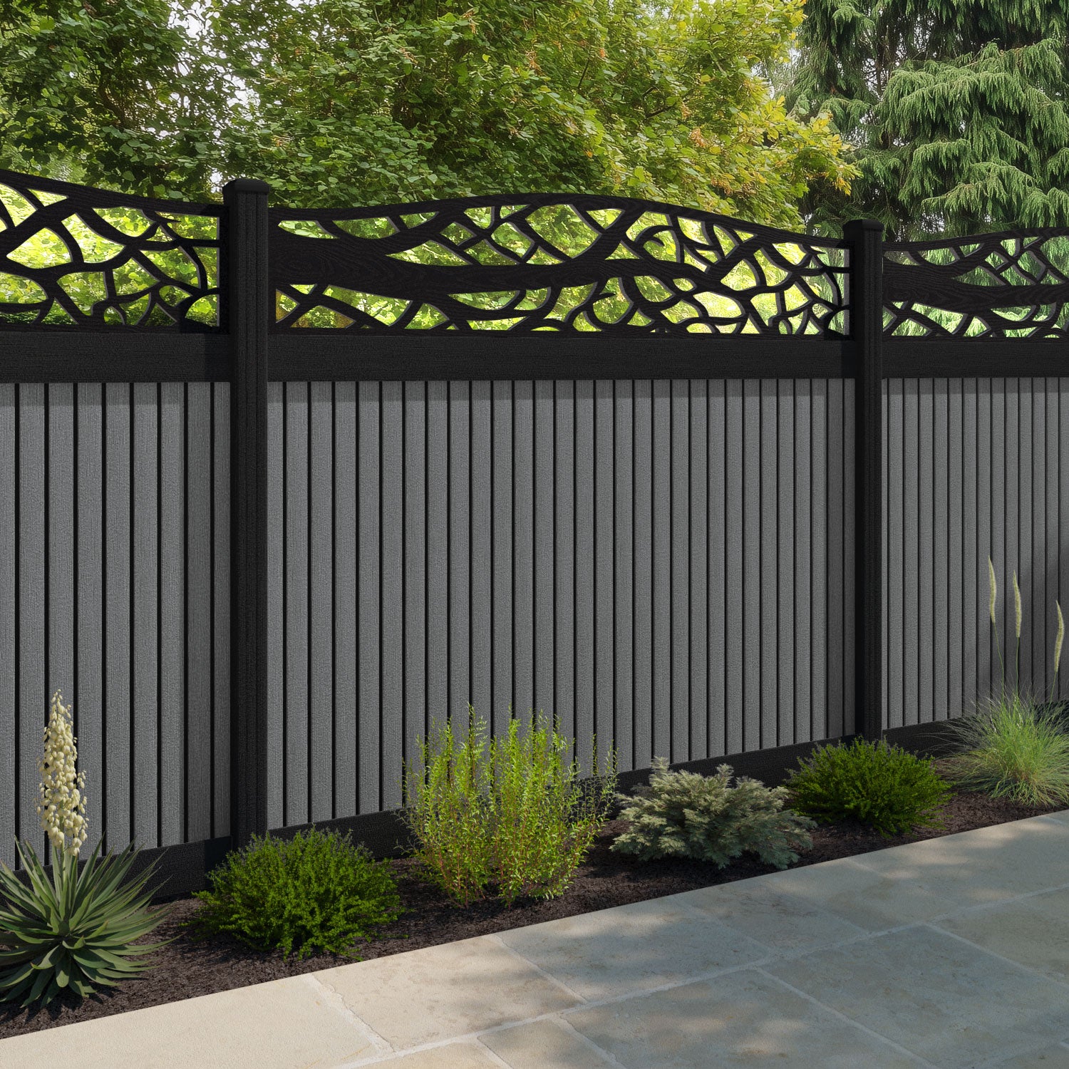 Virtis Twilight Curved Top Fence Panel - Mid Grey - with our composite posts