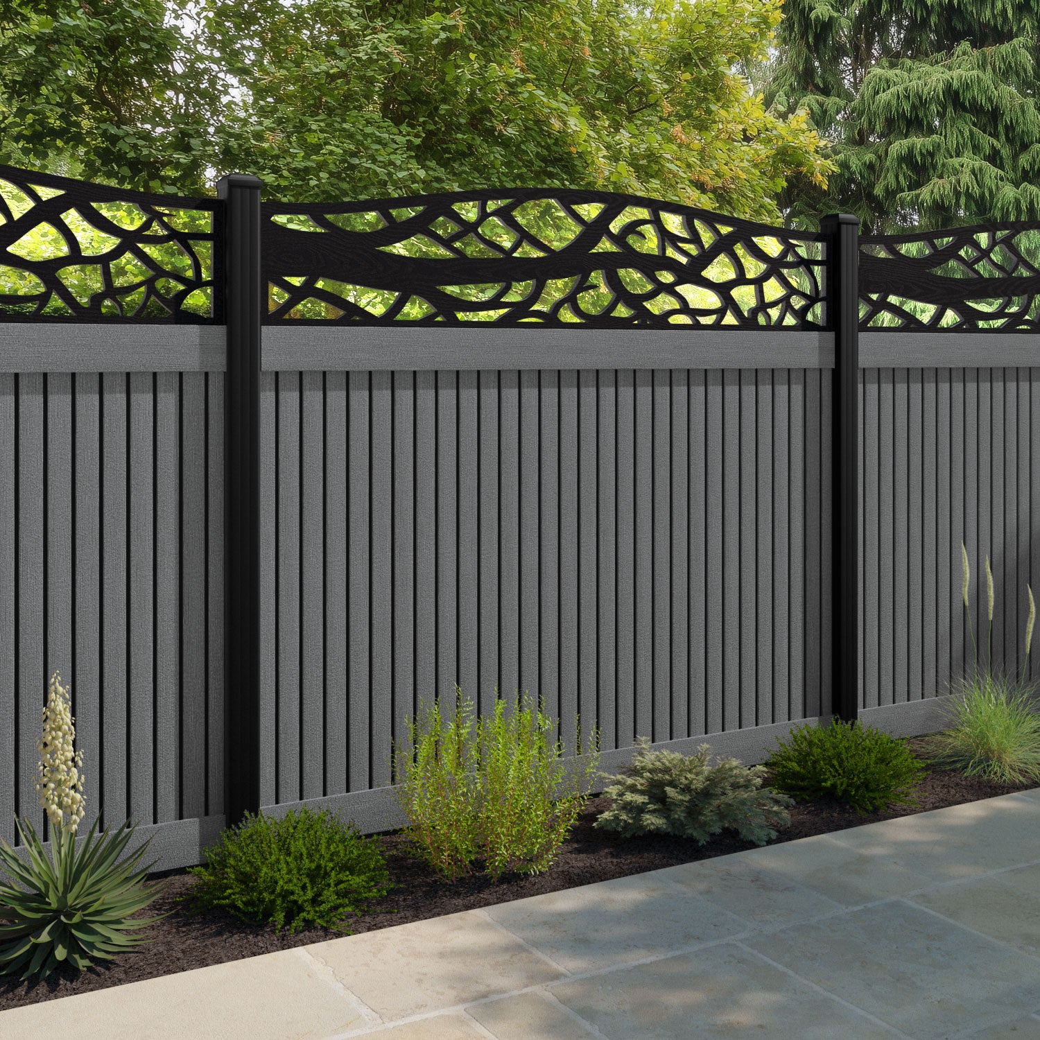 Virtis Twilight Curved Top Fence Panel - Mid Grey - with our composite posts
