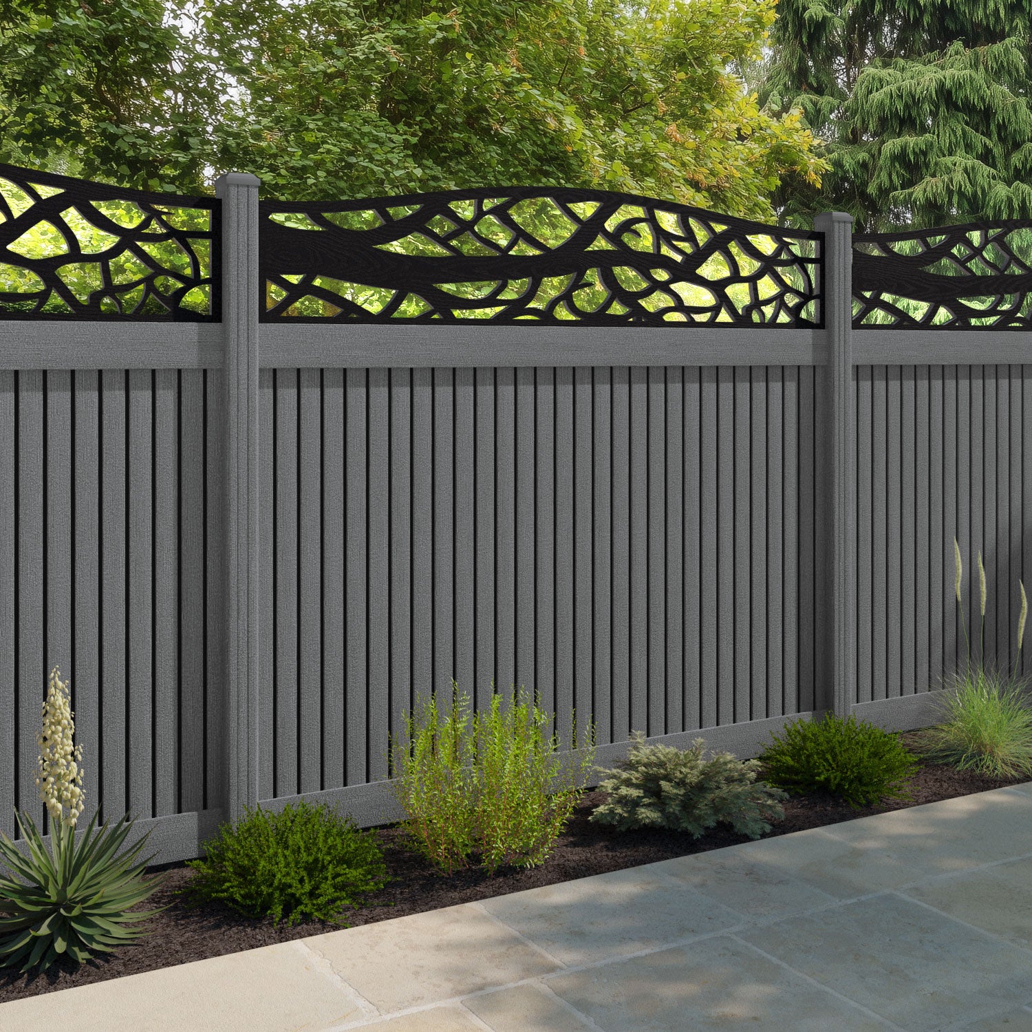 Virtis Twilight Curved Top Fence Panel - Mid Grey - with our composite posts