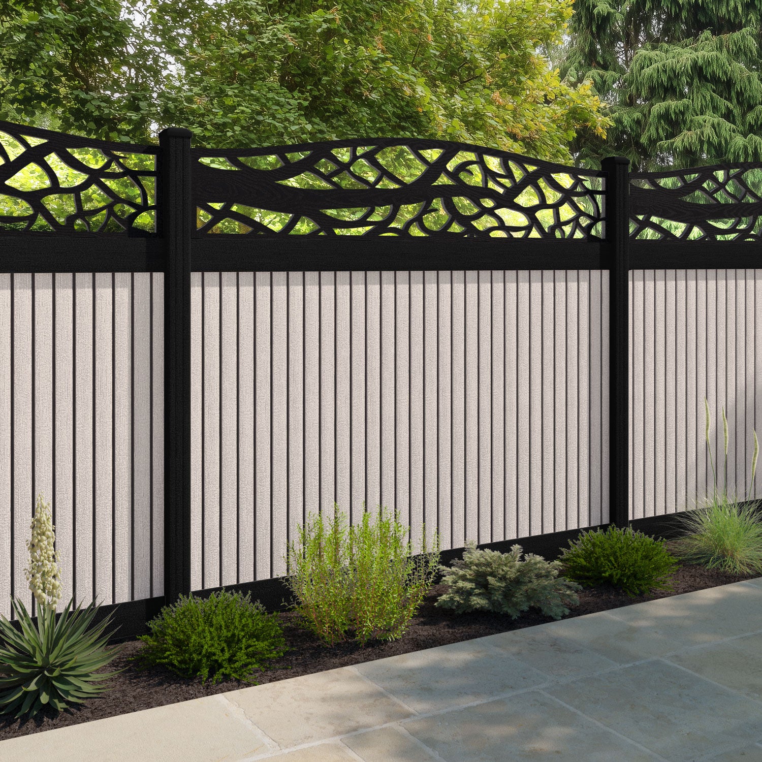Virtis Twilight Curved Top Fence Panel - Mid Stone - with our composite posts